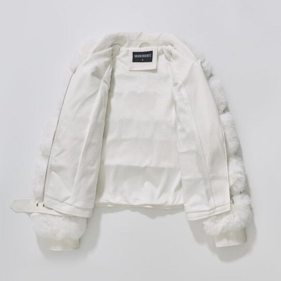 Women's Moto Style Cropped Faux Fur Leather Belted Biker Coat Zip Up White - Picture 7 of 9